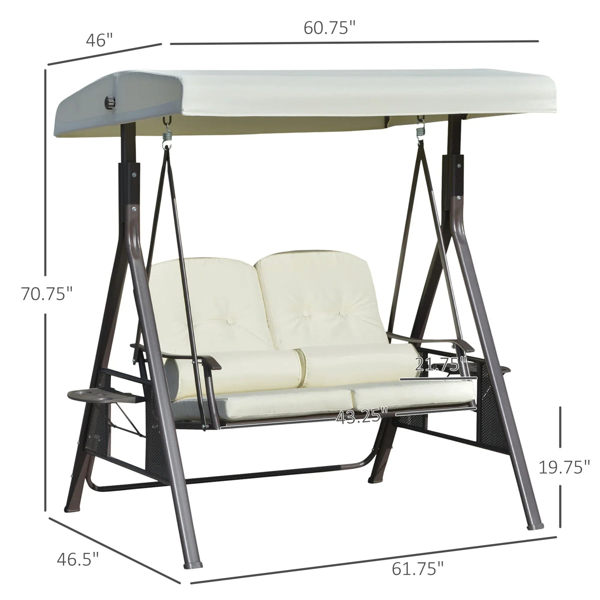 2026 NewOutsunny 2-Person Patio Swing Bench with Adjustable Shade Canopy, Soft Cushions, Throw Pillows and Tray, Beige.