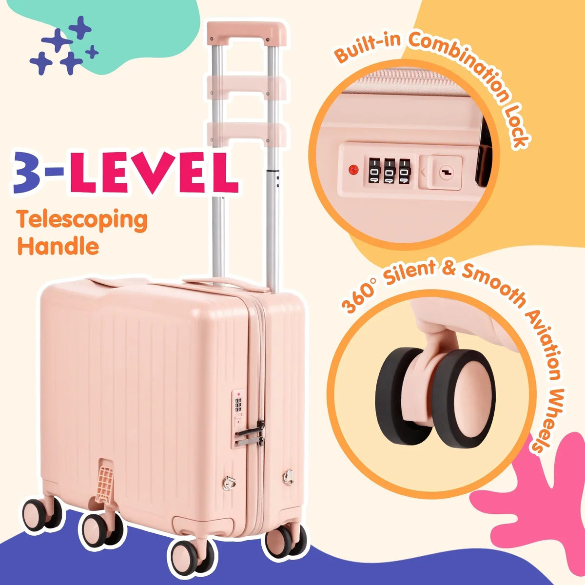 2026 NewAdvwin Ride-On Kids Luggage with Pull Strap, Footrests, Cup Holder, 6 Wheels & Adjustable Handle, 18-Inch Spinner Suitcase with Stickers & Boarding Pass, Pink