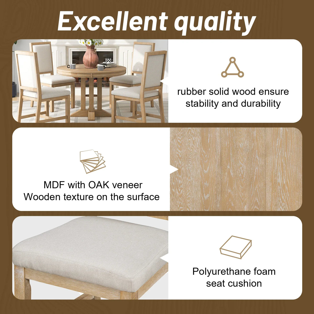 2026 New5 Piece Round Dining Table Set, Dining Room Set with Extendable Table and 4 Upholstered Chairs, Wood Dining Table Set for 4, Farmhouse Dining Table Set for Kitchen Dining Room Dorm Apartment, Brown