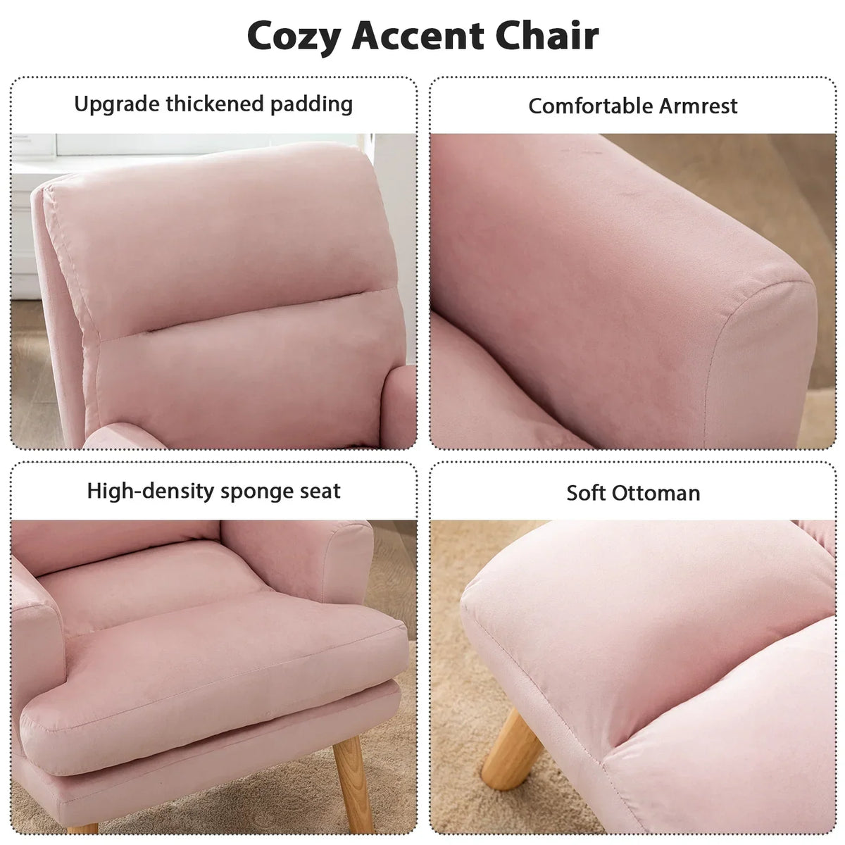 2026 NewBestier Adjustable Accent Chairs with Ottoman, Velvet Fabric Armchair for Bedroom Living Room, Comfy Lounge Chair with Padded Backrest and Side Pocket, Soft Reading Chair, Beige