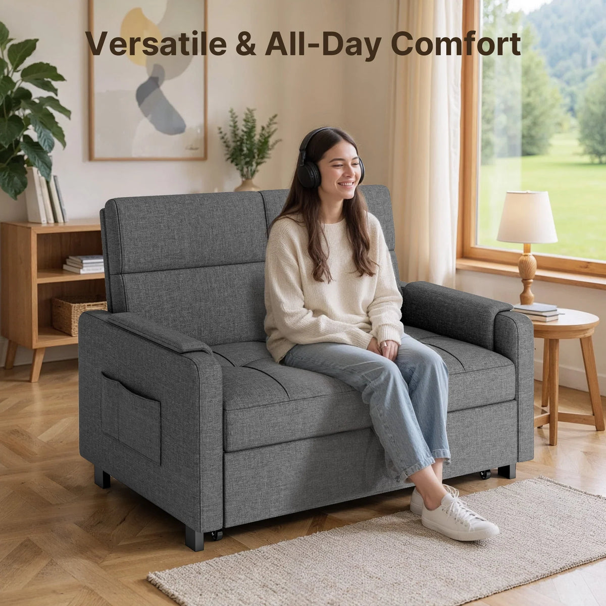 2026 NewSofa Bed, Lofka 3-in-1 Convertible Sleeper Sofa with Storage, Adjustable Backrest & Pull Out Function - Sleeper Chair for Small Space, Apartment, Dark Grey