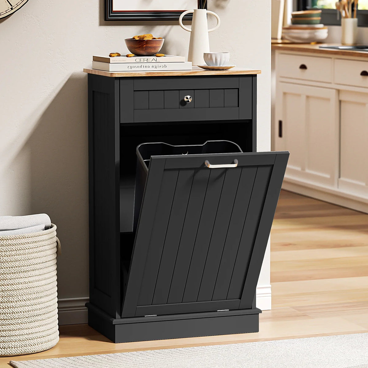 2026 NewHARIPUL Single Tilt Out Trash Cabinet for 13 Gallon Waste Bin, Free Standing Kitchen Trash Can Cabinet with Drawers, White
