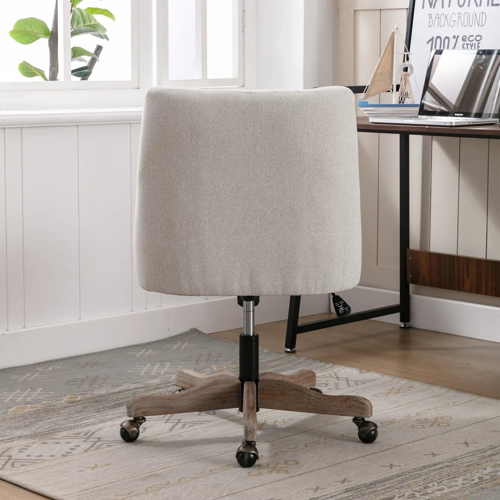 2026 New360 Degree Swivel Office Desk Chair, Upholstered Leisure Vanity Chair with Solid Wood Base and Wheels, Adjustable Height Computer Chair for Bedroom Living Room, Brown