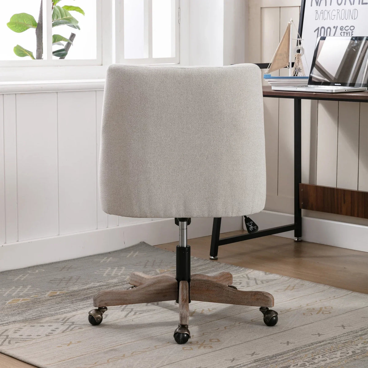 2026 New360 Degree Swivel Office Desk Chair, Upholstered Leisure Vanity Chair with Solid Wood Base and Wheels, Adjustable Height Computer Chair for Bedroom Living Room, Brown