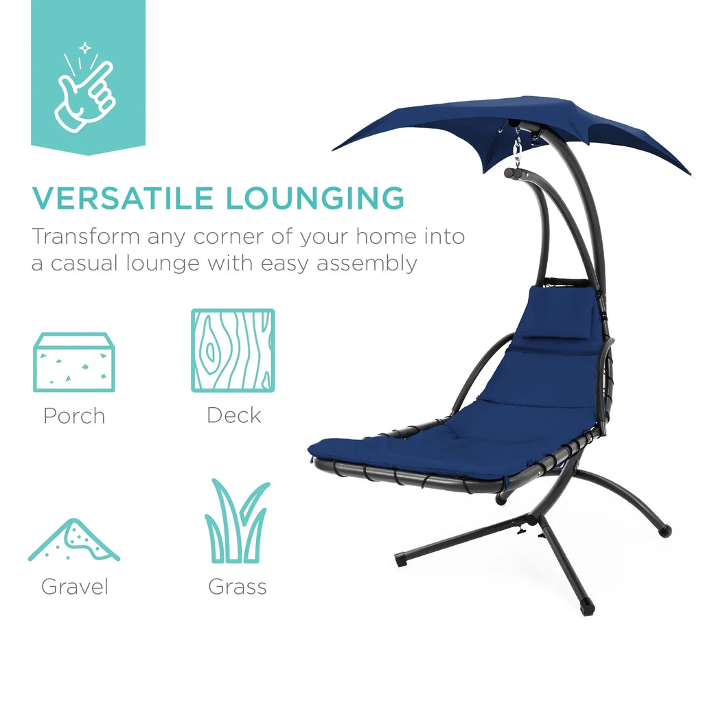 2026 NewBest Choice Products Hanging Curved Chaise Lounge Chair Swing for Backyard, Patio w/ Pillow, Shade, Stand - Teal
