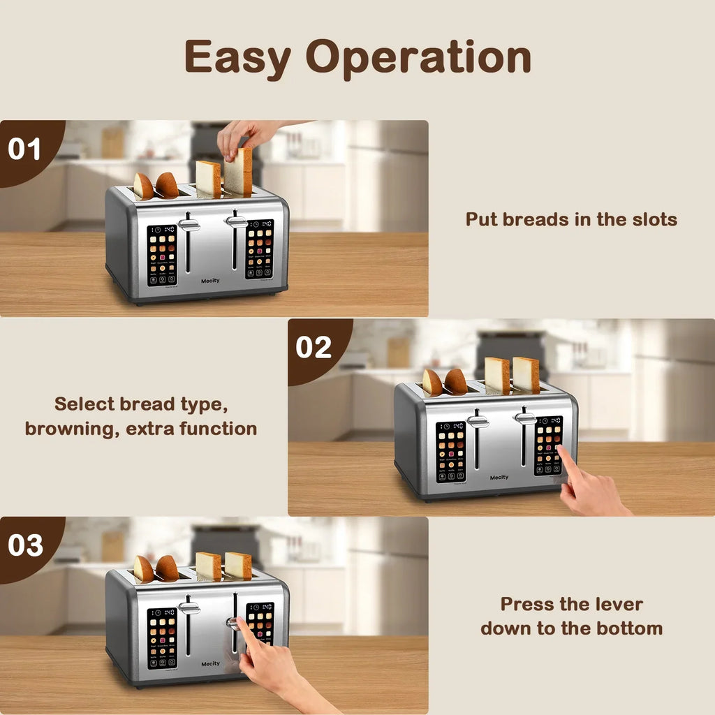 2026 NewMecity 4-Slice Touchscreen Toaster, Stainless Steel, 6 Browning Settings, Reheat, Cancel, Defrost, Removable Tray