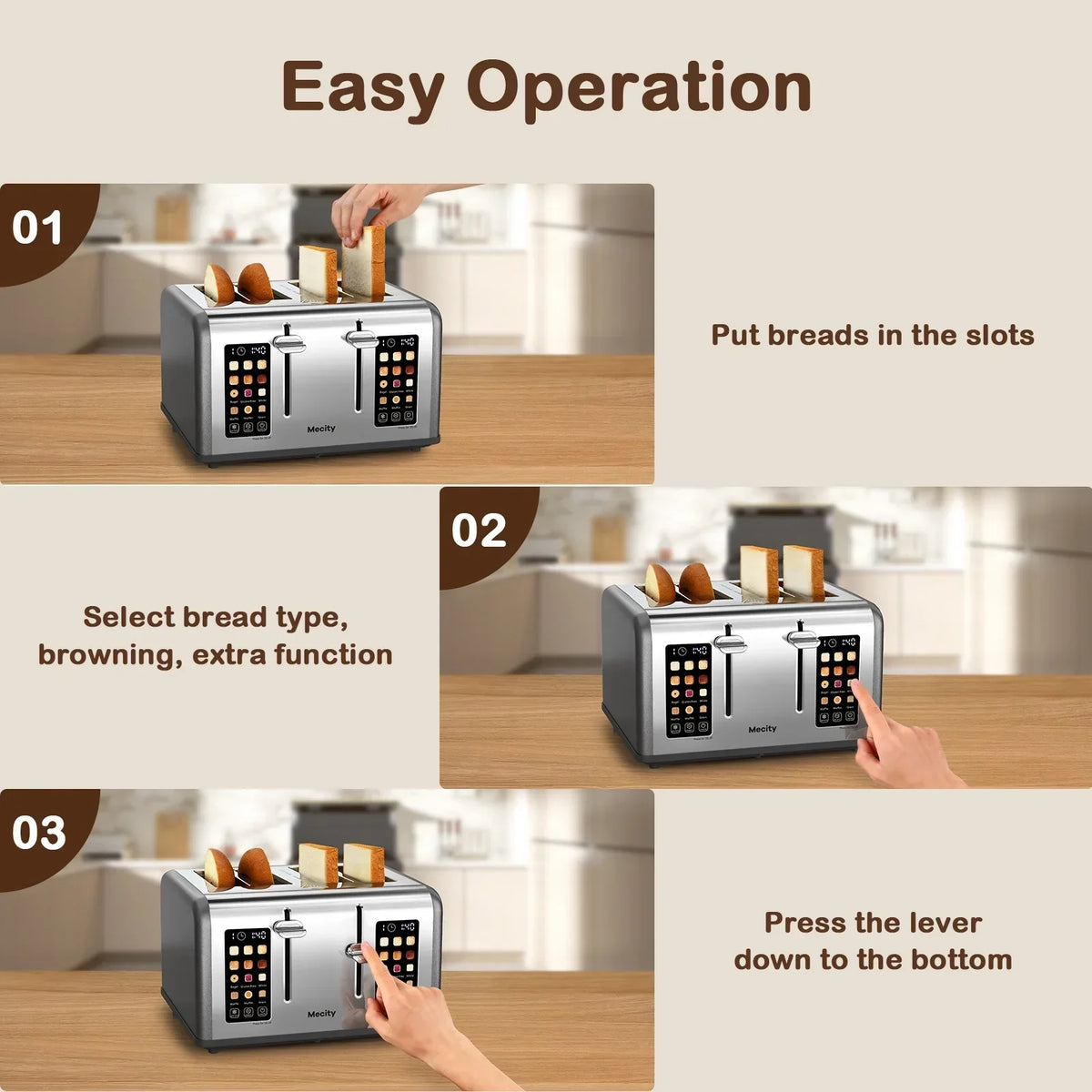 2026 NewMecity 4-Slice Touchscreen Toaster, Stainless Steel, 6 Browning Settings, Reheat, Cancel, Defrost, Removable Tray
