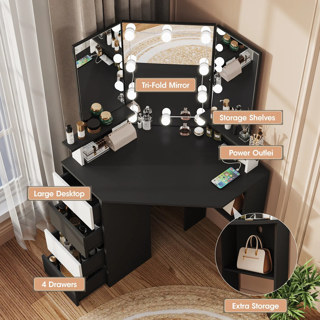 2026 NewVeanerwood White Corner Vanity Desk with Mirror and Light,Makeup Table with 4 Drawers and Charging Station for Bedroom