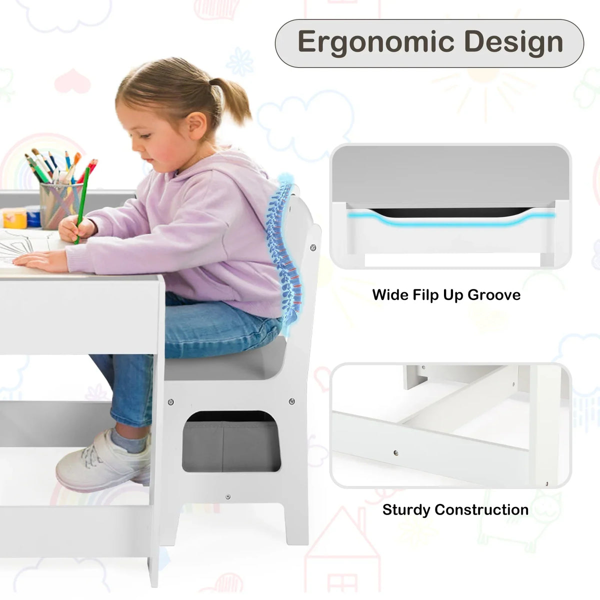 2026 NewLINLUX Kids Table and 2 Chairs Set, Children Activity Table Chairs with Chalkboard/Whiteboard, Grey