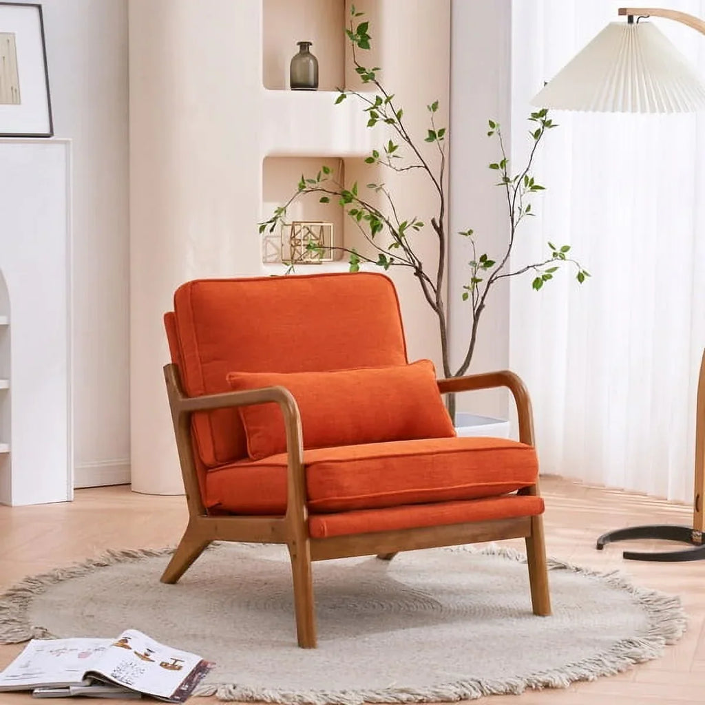2026 NewAccent Chairs, Single Linen Lounge Reading Armchair with Solid Wood Frame, Mid Century Modern Easy Assembly Arm Chairs for Living Room-Beige