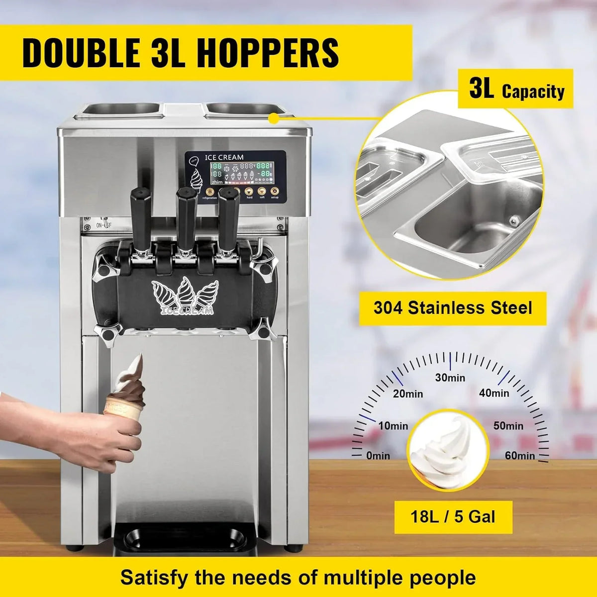 2026 NewSIHAO 1200W Commercial Ice Cream Machine Countertop 18L/H Soft Serve Ice Cream Maker with LED Display