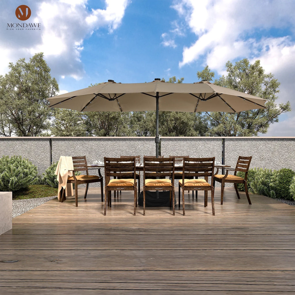 2026 NewMondawe 15ft Patio Umbrella Rectangular Outdoor Market Umbrella with Base and LED Lights Beige