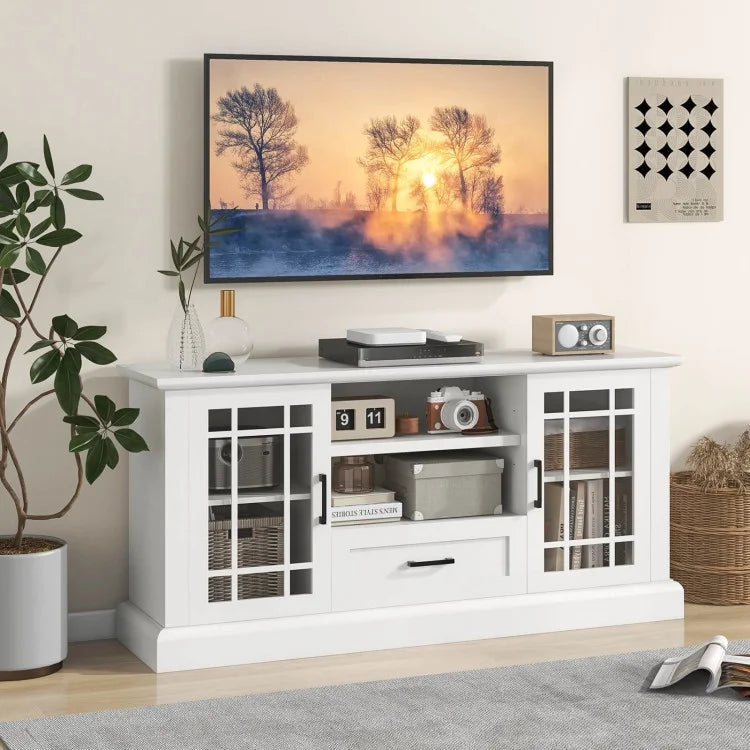 2026 NewTV Stand for TVs up to 70 with Glass Doors Cubbies and Drawer