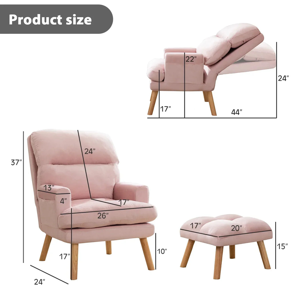 2026 NewBestier Adjustable Accent Chairs with Ottoman, Velvet Fabric Armchair for Bedroom Living Room, Comfy Lounge Chair with Padded Backrest and Side Pocket, Soft Reading Chair, Beige