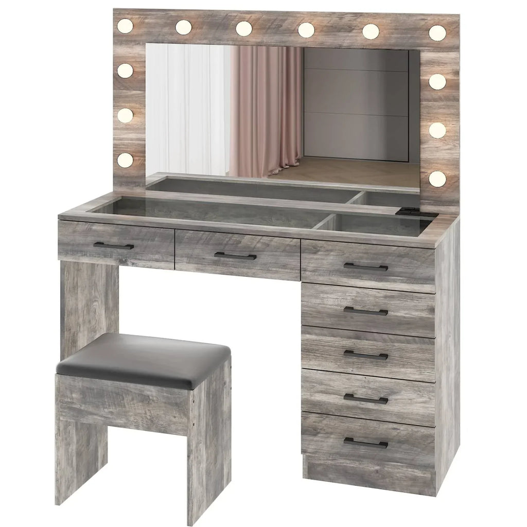 2026 NewKtaxon Large Makeup Vanity, Vanity Table Set w/ Visible Glass Top w/ Charging Station, White