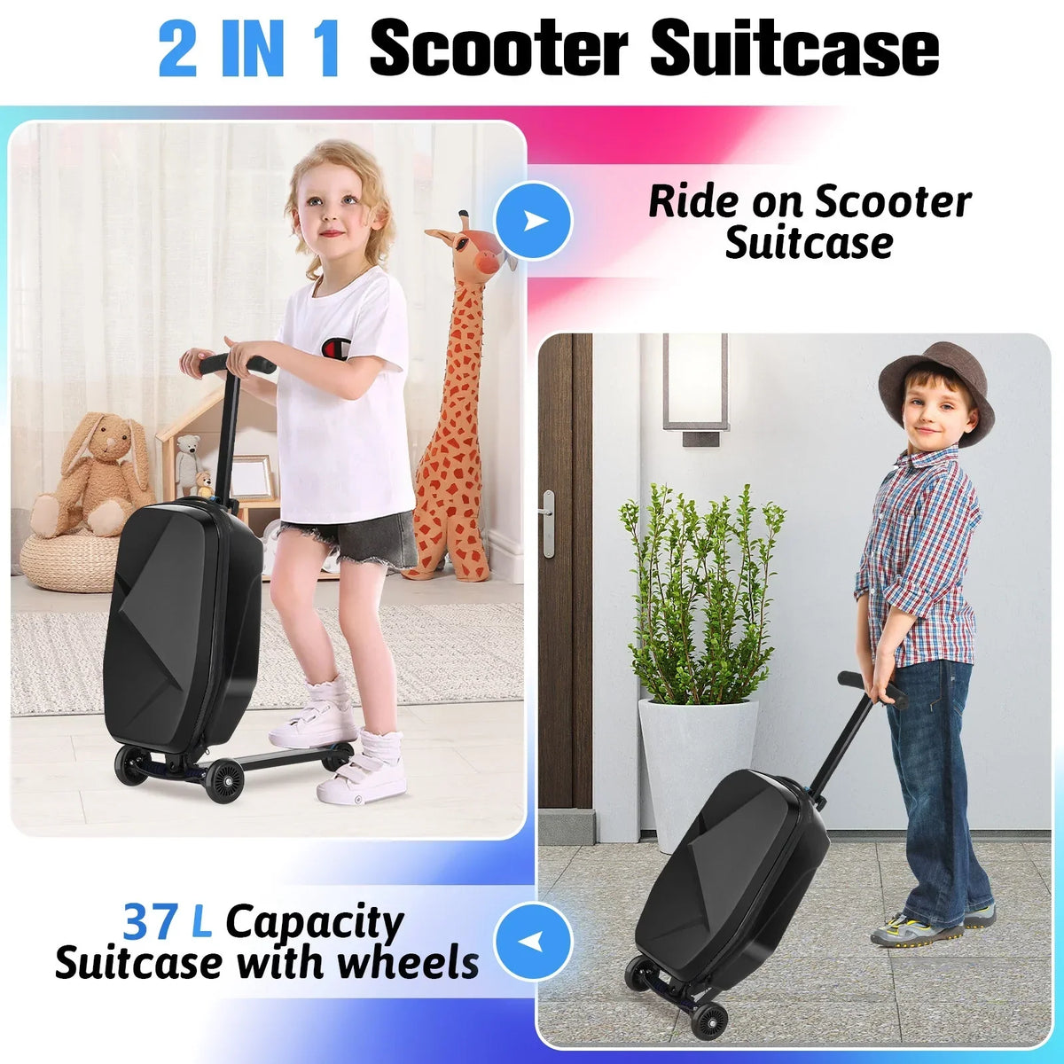 2026 NewAdvwin Scooter Luggage for Kids & Adults, Hardside Ride on Suitcase for Kids Ages 4-15 Multifunctional Lightweight Foldable Carry on Luggage with Wheels Ride on for Children Teenagers, Pink