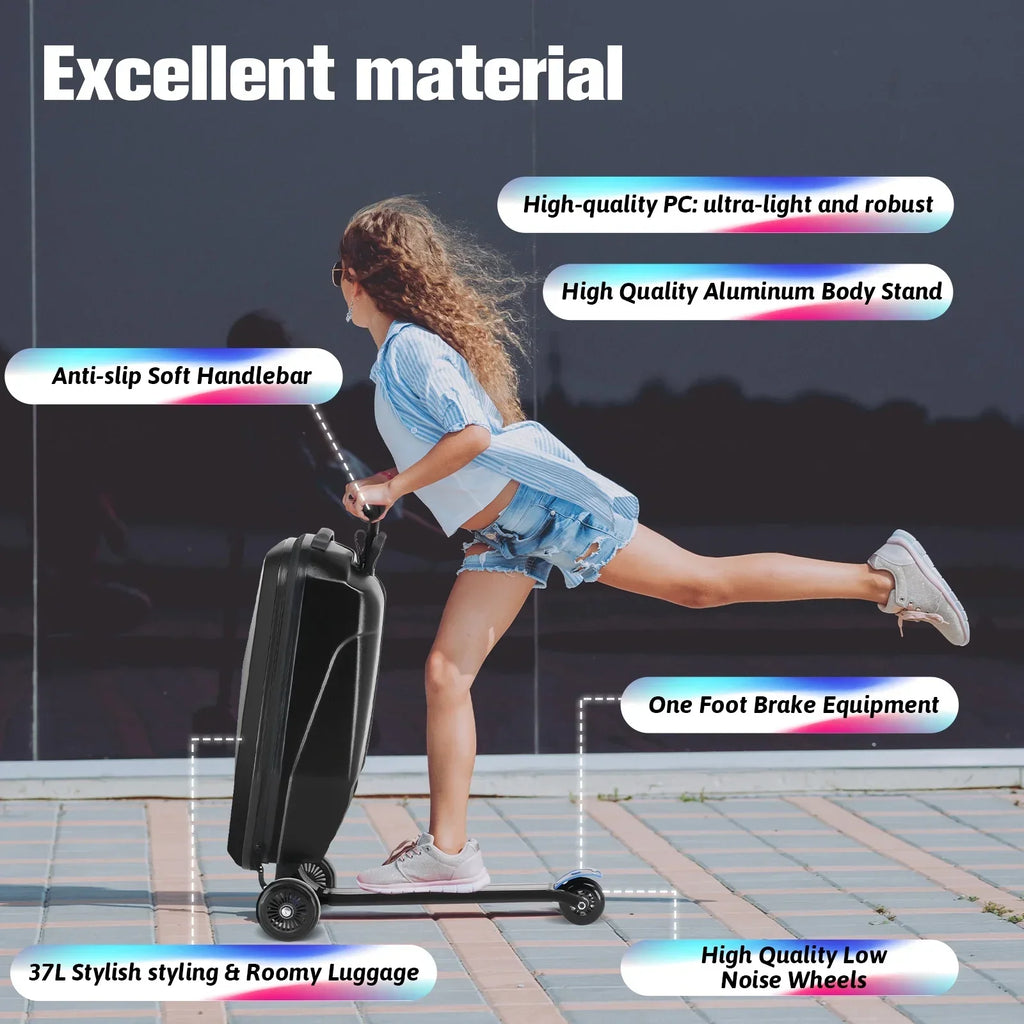 2026 NewAdvwin Scooter Luggage for Kids & Adults, Hardside Ride on Suitcase for Kids Ages 4-15 Multifunctional Lightweight Foldable Carry on Luggage with Wheels Ride on for Children Teenagers, Pink
