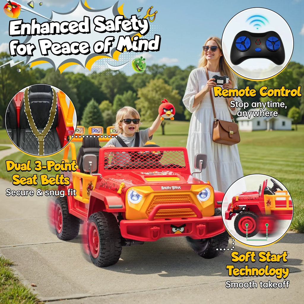2026 NewJoyracer 24 Volt Ride on Toys for Big Kids, Licensed Angry Birds Ride on Truck with Remote, 2 Seater 4WD Electric Ride ons with Shovel, Bluetooth, Lights, Power Car Wheels for 3-8, 130lbs, Green