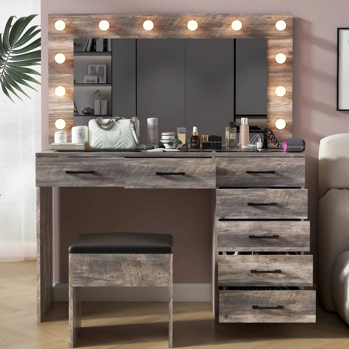 2026 NewKtaxon Large Makeup Vanity, Vanity Table Set w/ Visible Glass Top w/ Charging Station, White