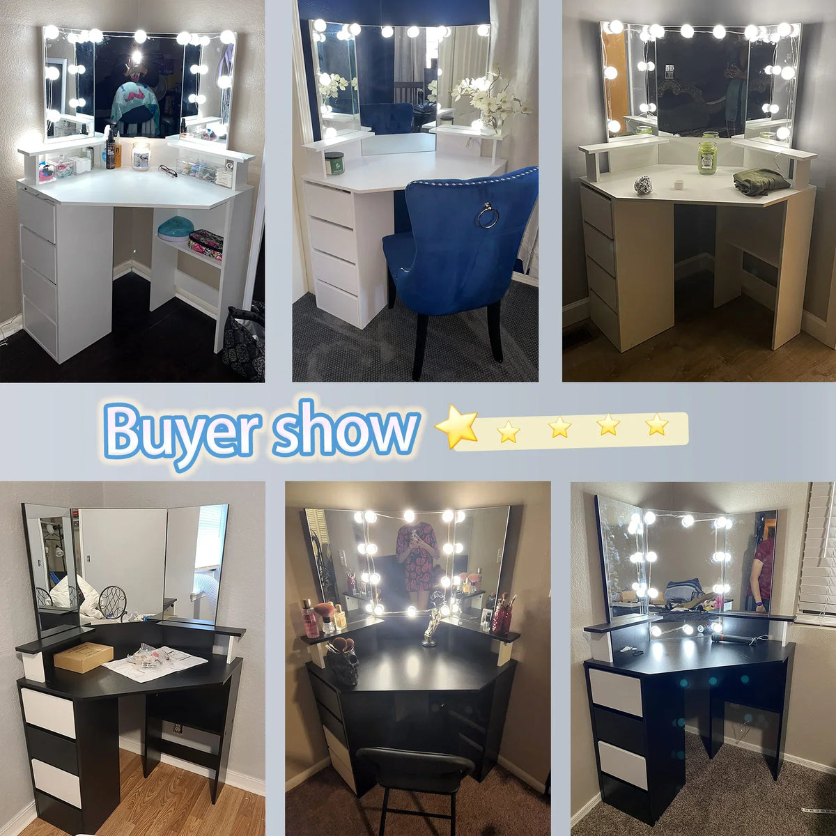 2026 NewVeanerwood White Corner Vanity Desk with Mirror and Light,Makeup Table with 4 Drawers and Charging Station for Bedroom