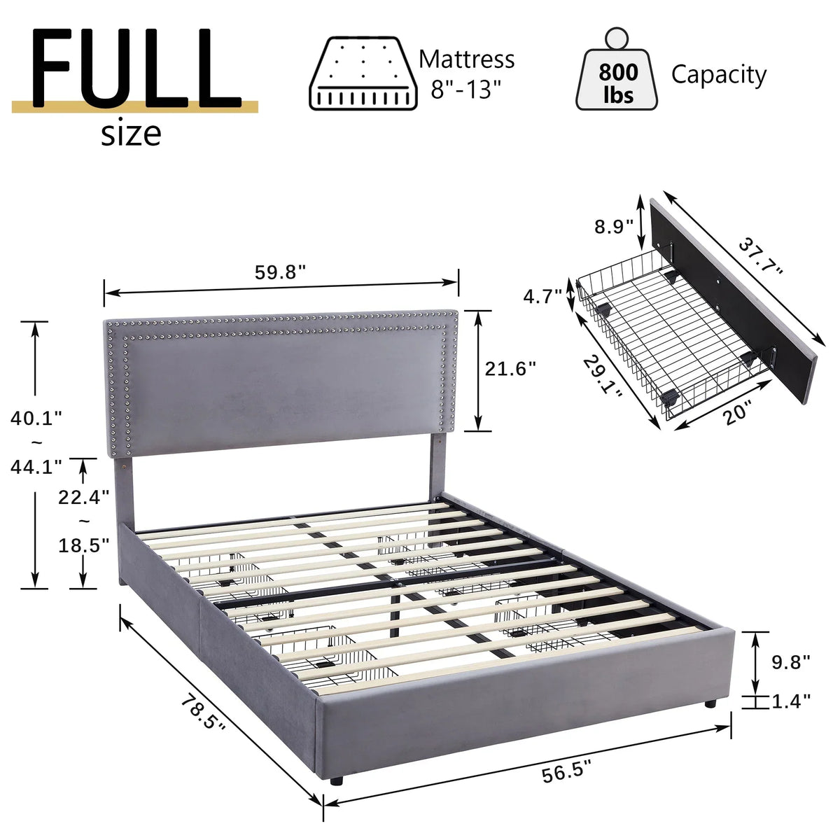 2026 NewVECELO Full Bed Frame with 4 Storage Drawers (Wheeled) and Tufted Upholstered Adjustable Headboard Platform Bed, Beige