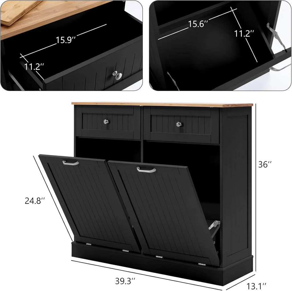 2026 NewHlivelood Double Trash Cabinet Tilt Out 20 Gallon, Pet Proof Kitchen Trash Cabinet Laundry Hamper with Cutting Board, Wood Garbage Recycling Station Hideaway Trash Holder Drawers