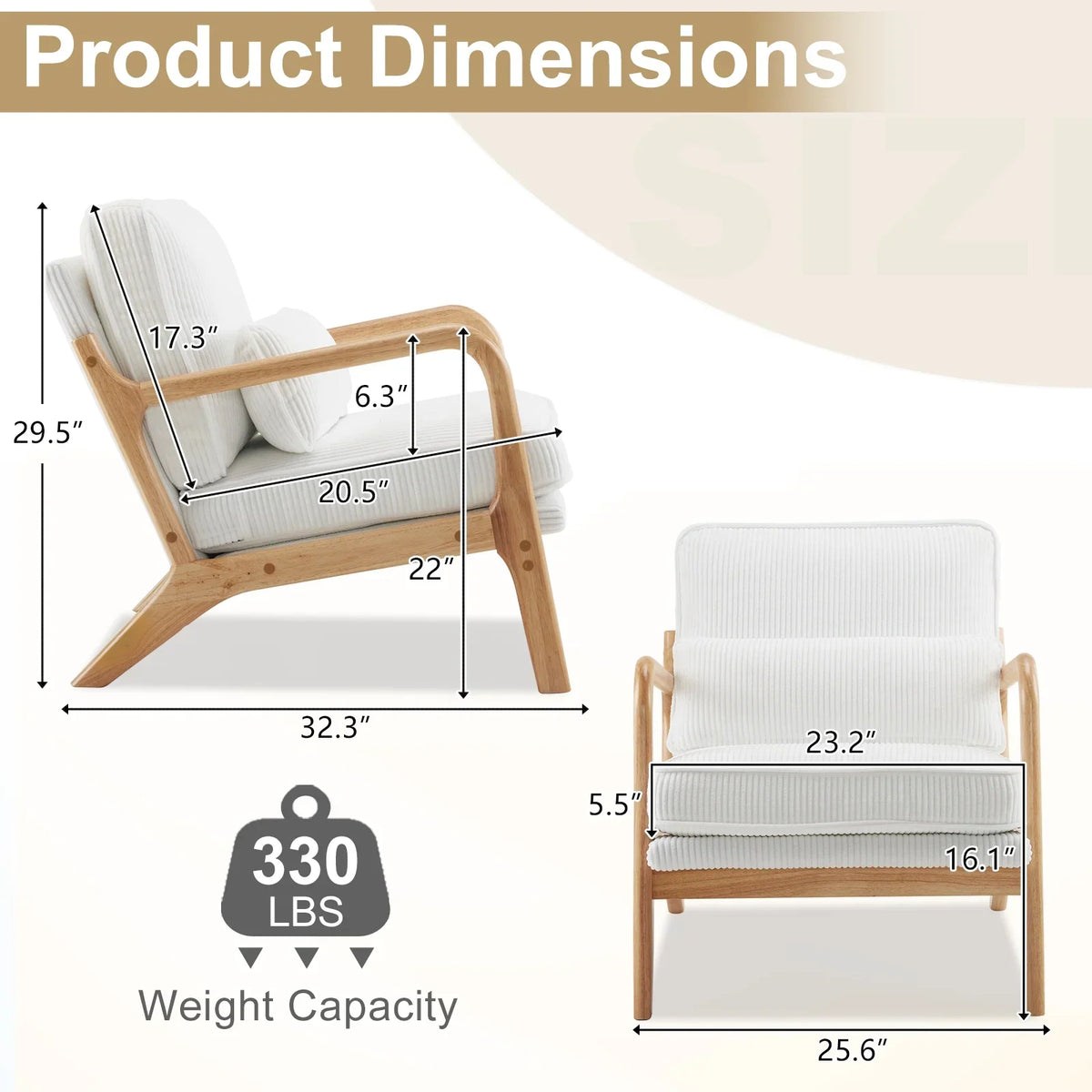 2026 NewKtaxon Accent Chair Corduroy Upholstered Armchair, Reading Club Chair with Pillow and Solid Wood Frame for Living Room Bedroom Furniture Off White