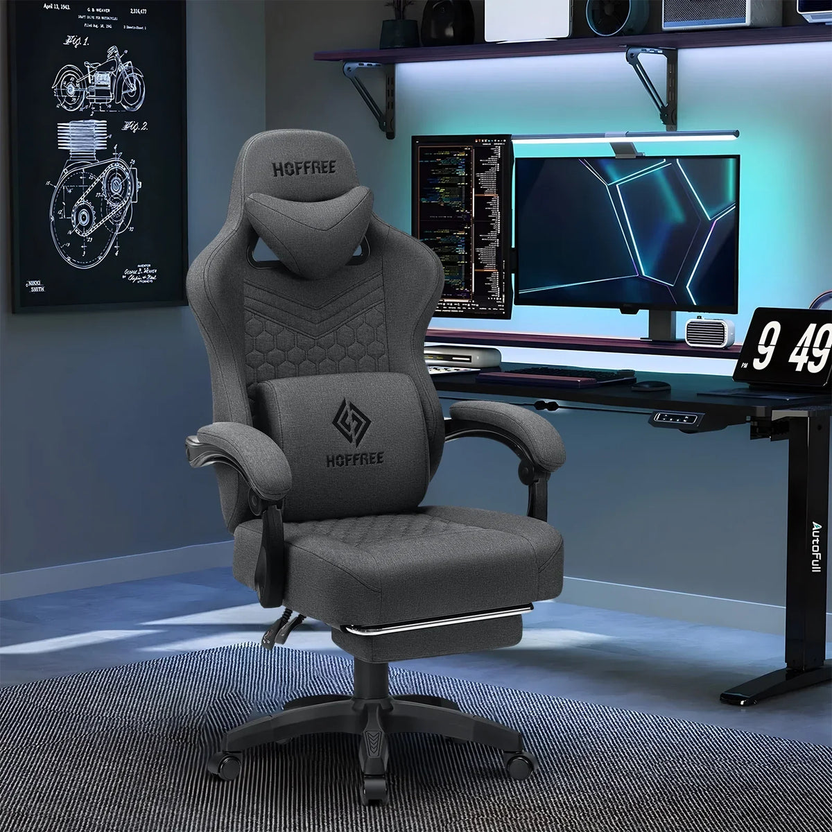 2026 NewHoffree Gaming Chair with Massage Fabric Office Chair with footrest for Adults, Ergonomic Gamer Chair with Headrest and Lumbar Support for Office Gaming, 440 LBS