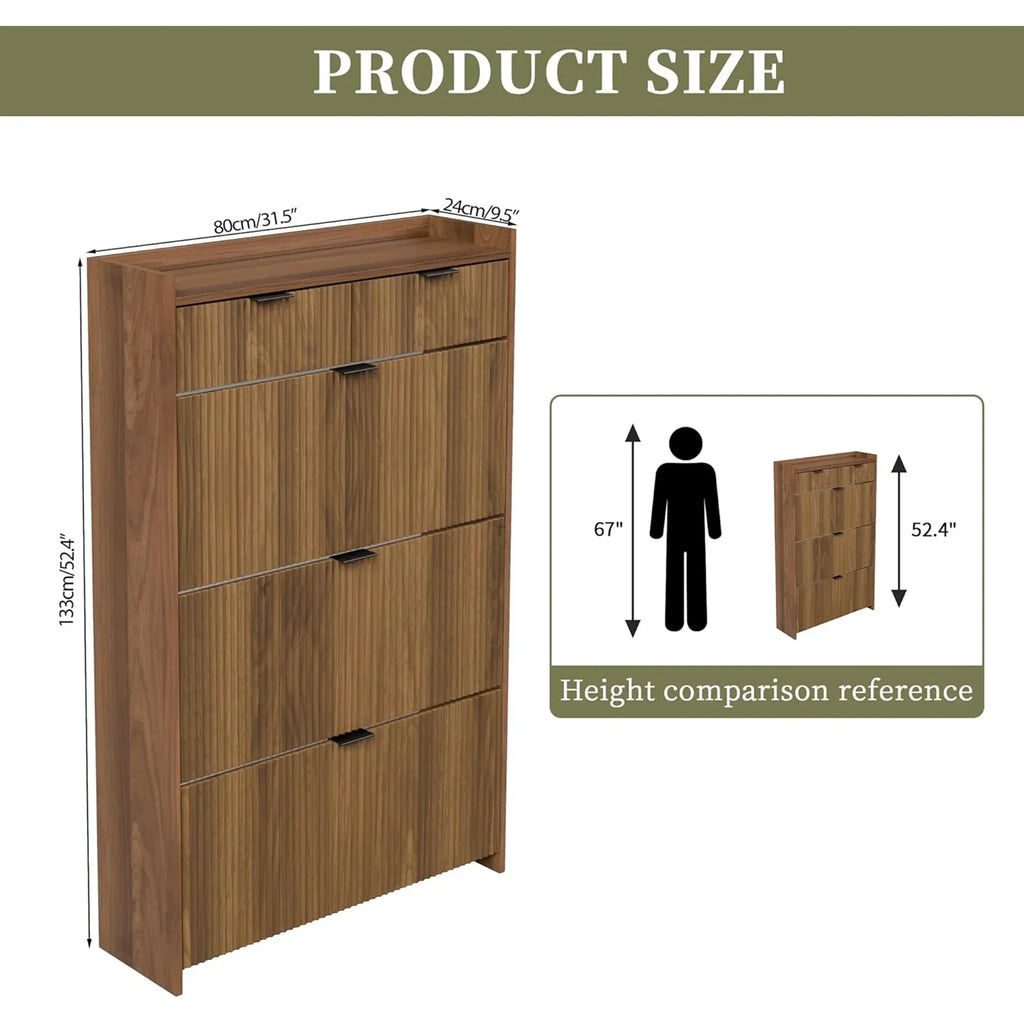 2026 NewShoe Cabinet, Free Standing Tipping Bucket Shoe Rack Organizer with 3 Flip Drawers, Modern Entryway Narrow Shoe Rack with 2 Drawers & Top Storage, for Hallway Bedroom, Walnut
