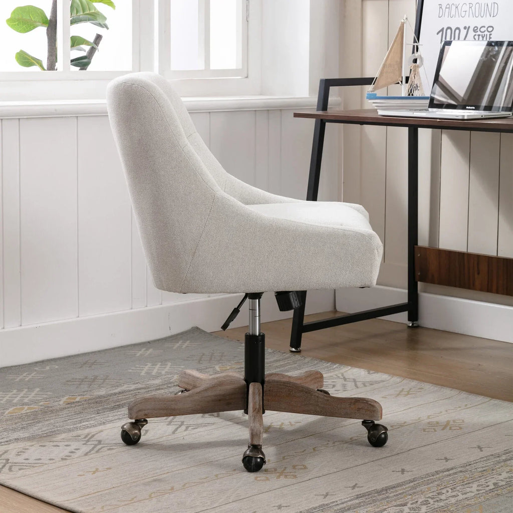 2026 New360 Degree Swivel Office Desk Chair, Upholstered Leisure Vanity Chair with Solid Wood Base and Wheels, Adjustable Height Computer Chair for Bedroom Living Room, Brown