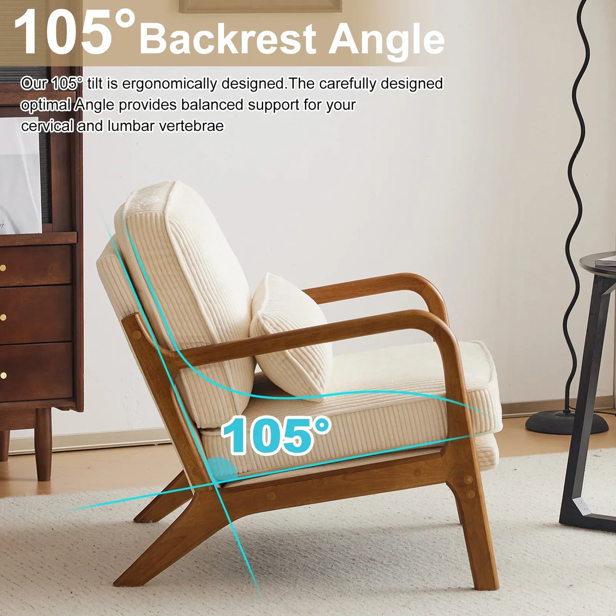 2026 NewKtaxon Accent Chair Corduroy Upholstered Armchair, Reading Club Chair with Pillow and Solid Wood Frame for Living Room Bedroom Furniture Off White