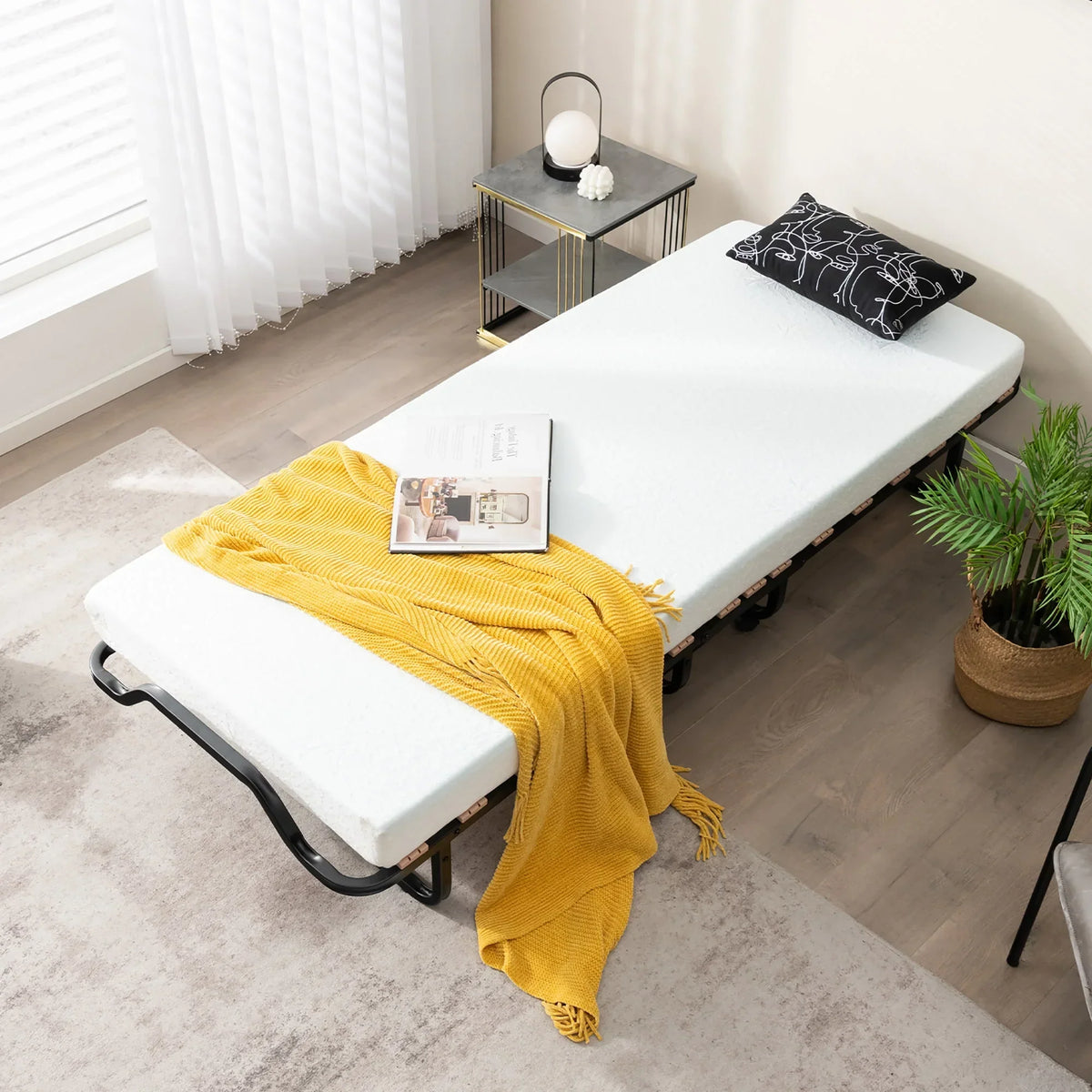 2026 NewGymax Portable Foldable Guest Bed w/ Solid Wood Slats & Metal Frame Rollaway Bed for Adults w/ Wheel