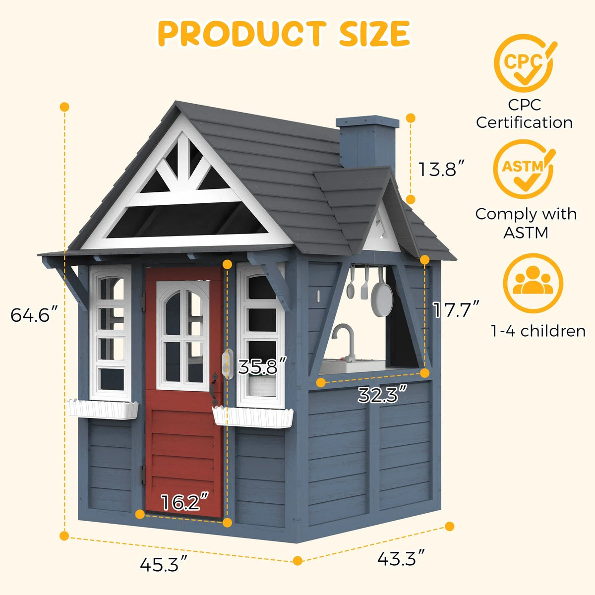 2026 NewCOCLUB Outdoor Playhouse for Kids Ages 4-8, Wooden Play House with Doorbell, Phone, Kitchen Toys, Outdoor Kids Play Equipment, Casa Para Niñas (45”L x 65”H), White & Black