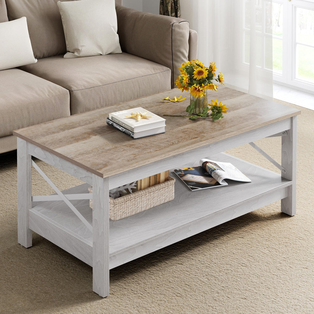 2026 NewMoasis Farmhouse Coffee Table with Storage 2-Tier Center Table for Living Room Grey Wash Top+White