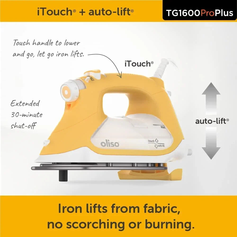 2026 NewOliso TG1600 Pro Plus 1800 Watt SmartIron with Auto Lift - for Clothes, Sewing, Quilting and Crafting Ironing | Diamond Ceramic-Flow Soleplate Steam Iron, Yellow