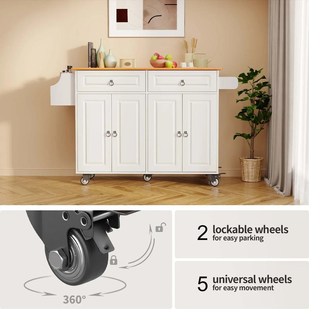 2026 NewLofka 52-Inch Kitchen Island with Storage on Wheels with Wood Drop Leaf, Ideal for Small Kitchens