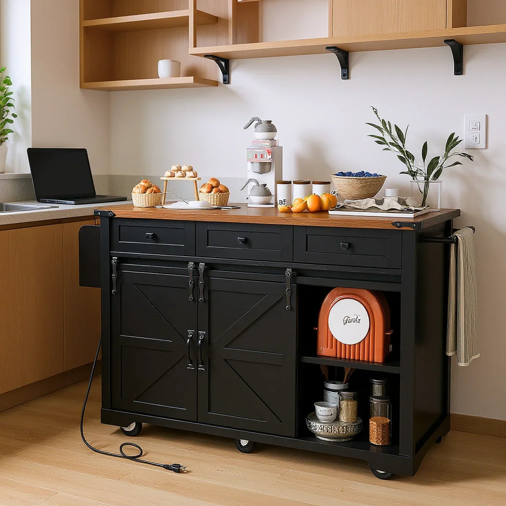 2026 NewHomy Casa Farmhouse 53.7" Kitchen Island with Storage Cabinet, Sliding Barn Doors, and Wheels, White Oak