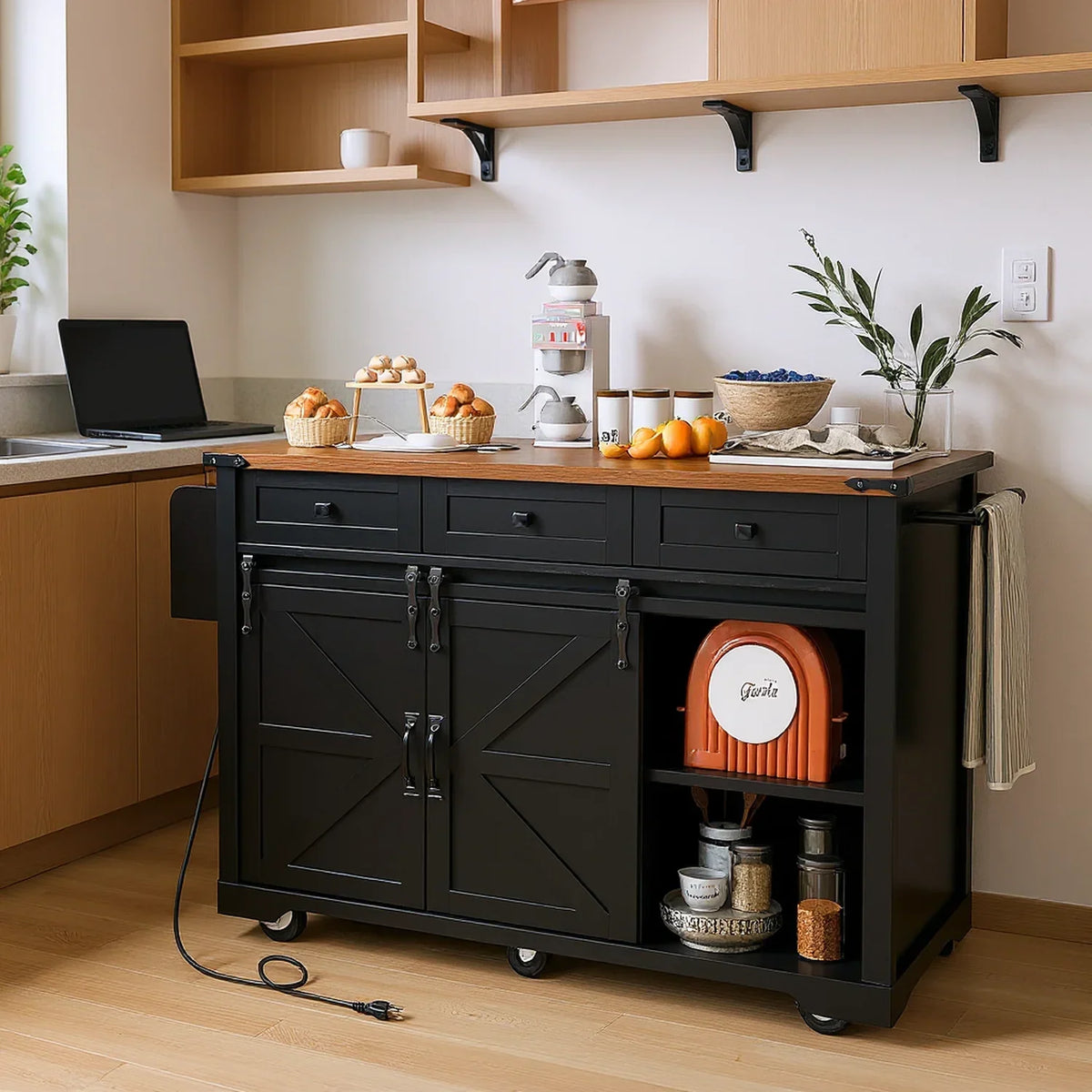 2026 NewHomy Casa Farmhouse 53.7" Kitchen Island with Storage Cabinet, Sliding Barn Doors, and Wheels, White Oak