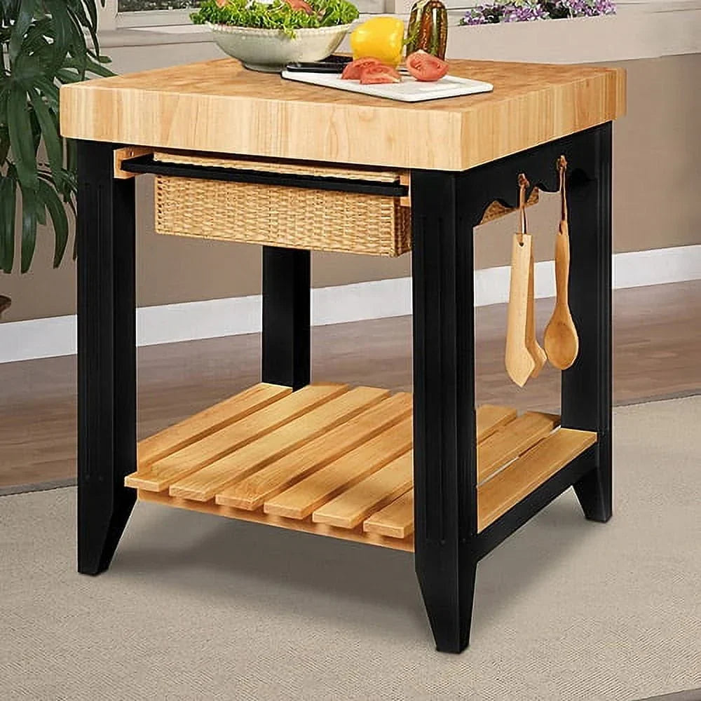 2026 NewKolton Square Kitchen Island, Black and Natural with Butcher Block Top