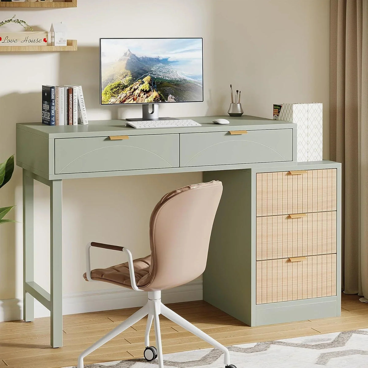 2026 NewTribesigns 39" Reversible Computer Desk with 5 Drawers, Wood Writing Desk for Home Office, Green