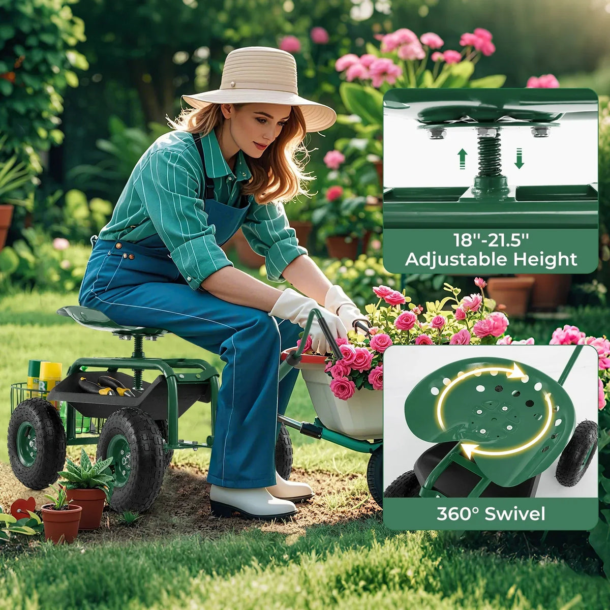 2026 NewCostway Garden Cart Rolling Work Seat for Planting with Extendable Handle Green