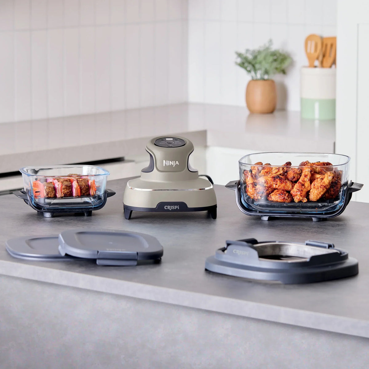 2026 NewNinja Crispi 4-in-1 Portable Glass Air Fryer Cooking System, 4-Qt & 6-Cup Containers, Cyberspace