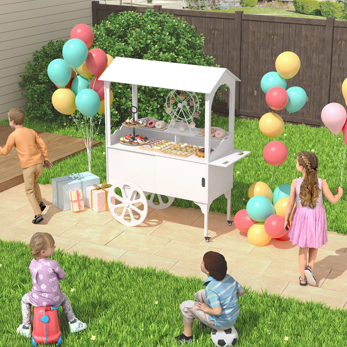 2026 NewCandy Cart with Wheels for Party，Wood Dessert Cart with Storage Cabinet