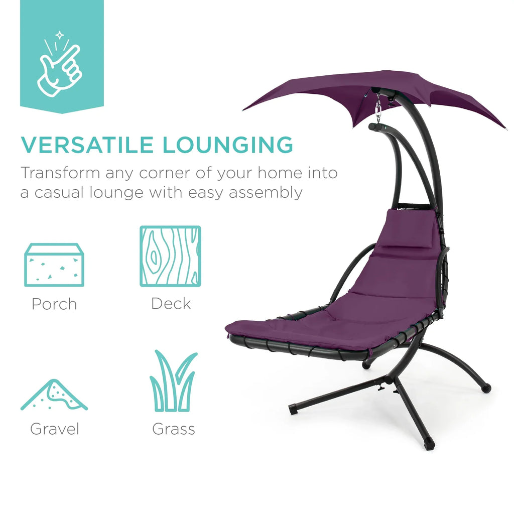 2026 NewBest Choice Products Hanging Curved Chaise Lounge Chair Swing for Backyard, Patio w/ Pillow, Shade, Stand - Teal