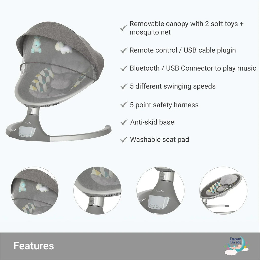 2026 NewDream On Me Zazu Baby Swing. Baby Swing for Infant. 5 - Swinging Speed. Two Attached Toys. Bluetooth Enabled and Remote Control. Grey and Blue