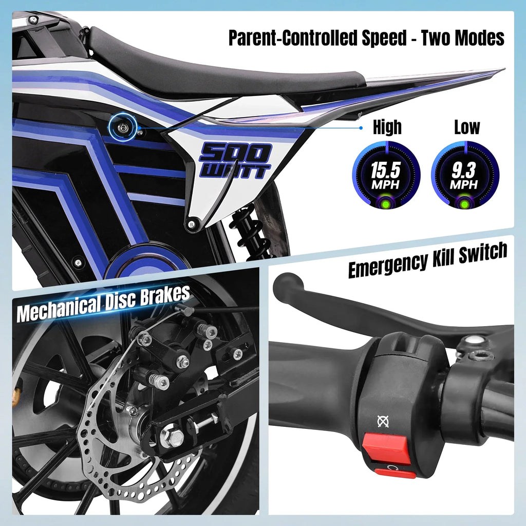 2026 NewQEASET electric dirt bike, 500W kids dirt bike for Boys Girls Age 8-14, Blue