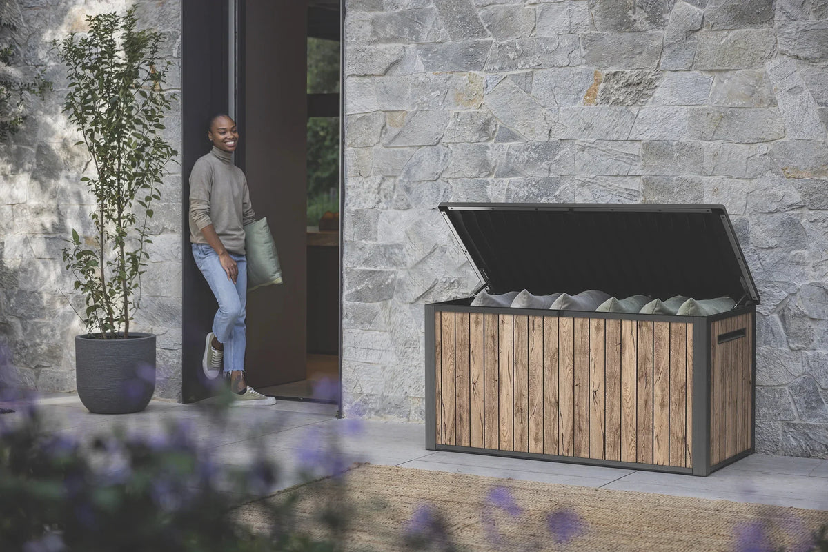 2026 NewKeter Signature 170 Gallon Durable Resin Outdoor Deck Box Storage Organization, Pine