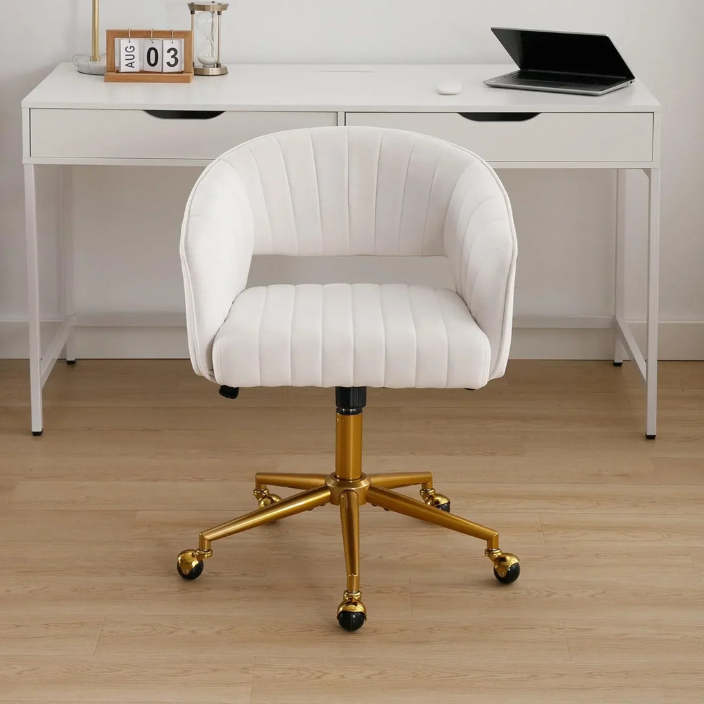 2026 NewWestice Home Office Desk Chairs, Velvet Task Chair, Height Adjustable Swivel Vanity Chair with Golden Base for Vanity Study, Living Room Computer Room, Beige