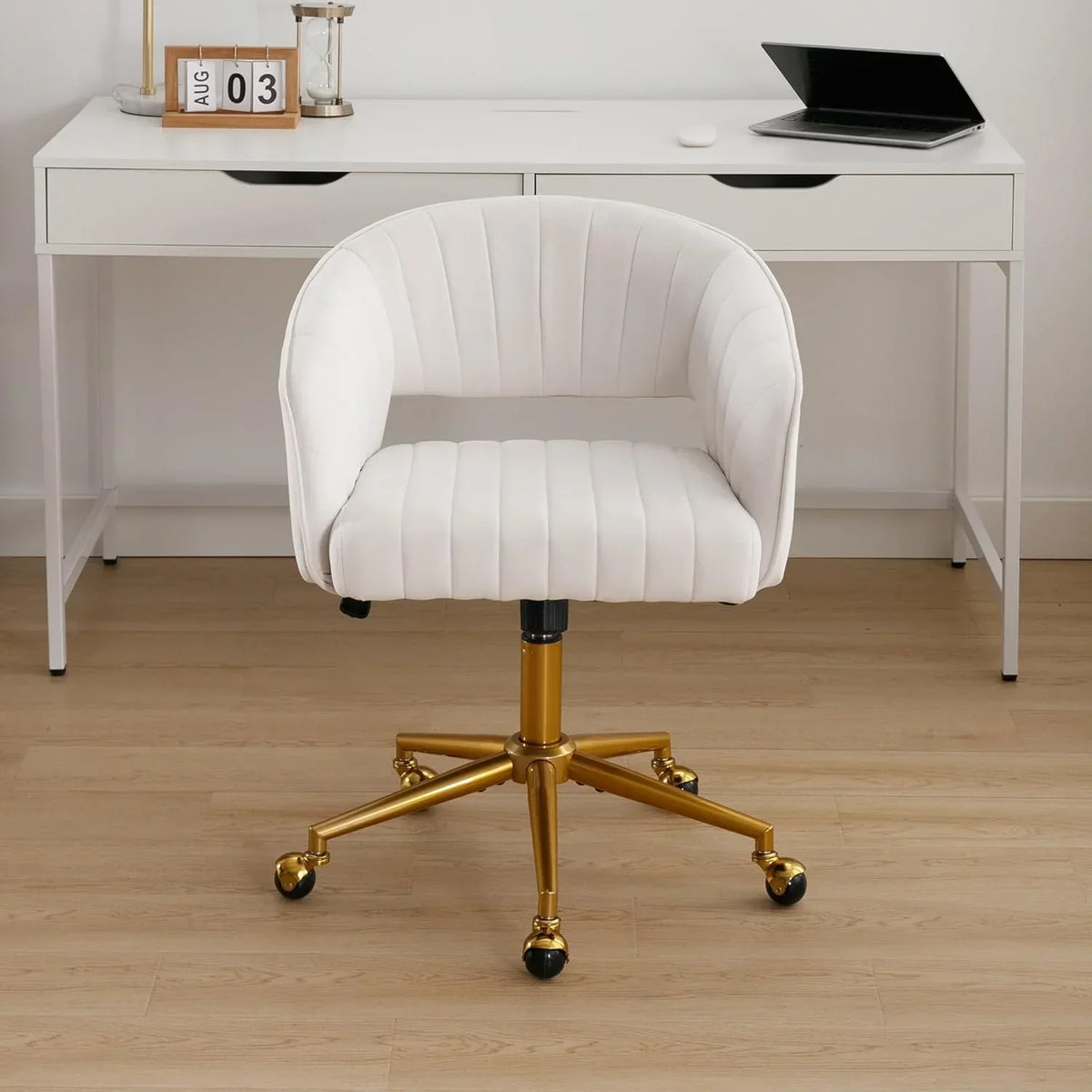 2026 NewWestice Home Office Desk Chairs, Velvet Task Chair, Height Adjustable Swivel Vanity Chair with Golden Base for Vanity Study, Living Room Computer Room, Beige