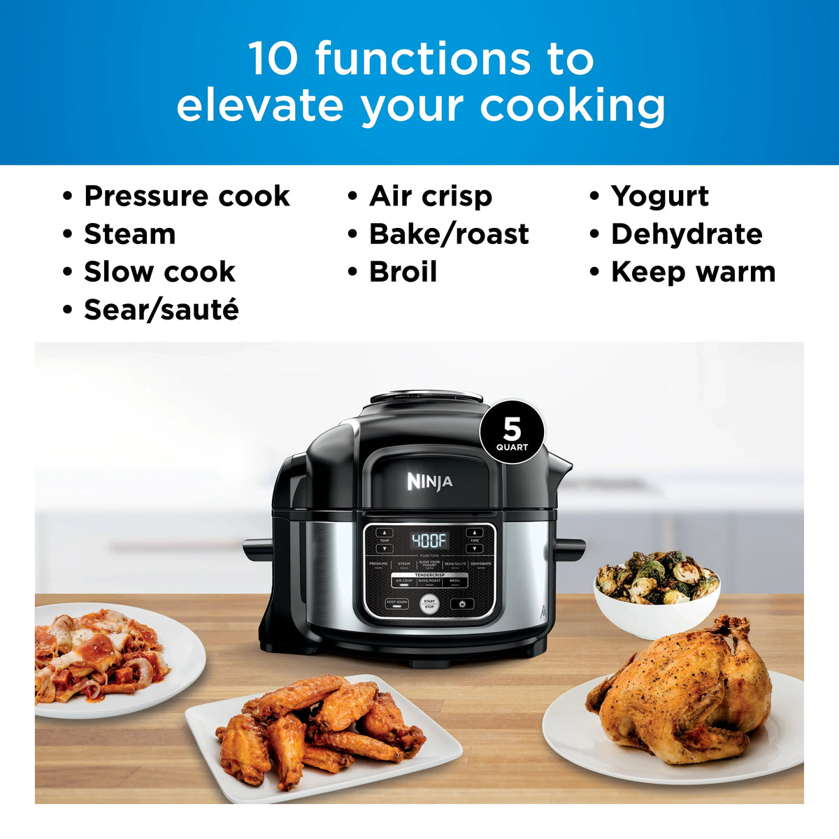 2026 NewNinja Foodi 10-in-1 5 Qt Pressure Cooker, Steamer, Bake, Broil, Dehydrate, Air Fryer, Non-Stick, FD101 Stainless Steel